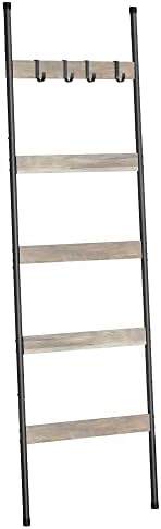 ELYKEN Blanket Ladder for Living Room, Farmhouse 5 -Tier Quilt Holder with 4 Removable Hooks for Bathroom, Wood Towel Rack Display, Wall Anchor Leaning Decorative Stand for Home Decor, White Oak