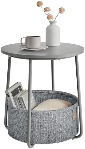 VASAGLE Small Round Side End Table, Modern Nightstand with Fabric Basket, Bedside Table for Living Room Bedroom,,Dove Gray and Slate Gray LET223G36