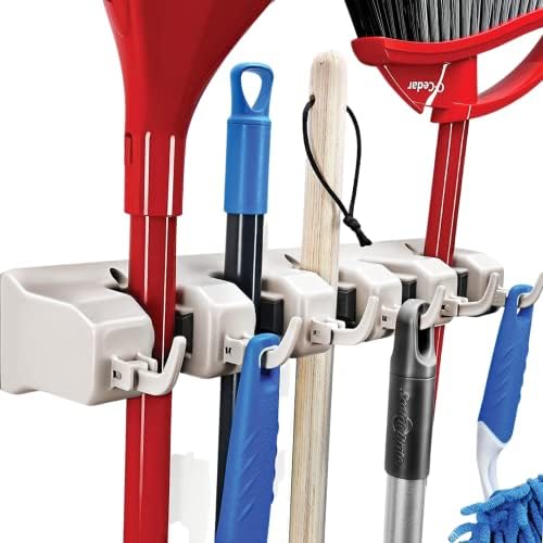 HOME IT Mop And Broom Holder – Garage Storage Systems with 5 Slots, 6 Hooks, 7.5lbs Capacity Per Slot – Garden Tool Organizer For 11 Tools – For Home, Kitchen, Closet, Laundry Room – Off-White