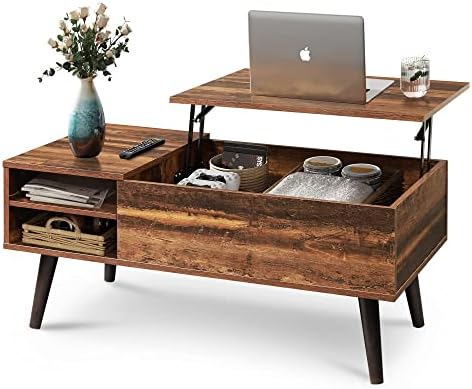 WLIVE Wood Lift Top Coffee Table with Hidden Compartment and Adjustable Storage Shelf, Lift Tabletop Dining Table for Home Living Room, Office, Rustic Oak