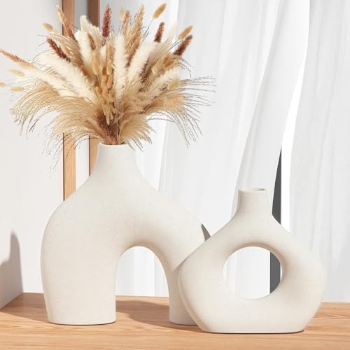 White Ceramic Vase Set of 2, Pampas Grass Vases for Home Decor, Round Matte Boho Vases for Flowers, Nordic Minimalism Style vase for Living Room Bedroom Shelf Decor