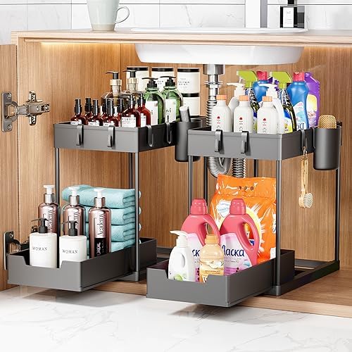 Under Sink Organizer 2 Pack, 2-Tier Sliding Cabinet Organizer with Hooks and Hanging Cup, Multi-Use Under Sink Organizers and Storage for Kitchen Bathroom Office Laundry Room, Black