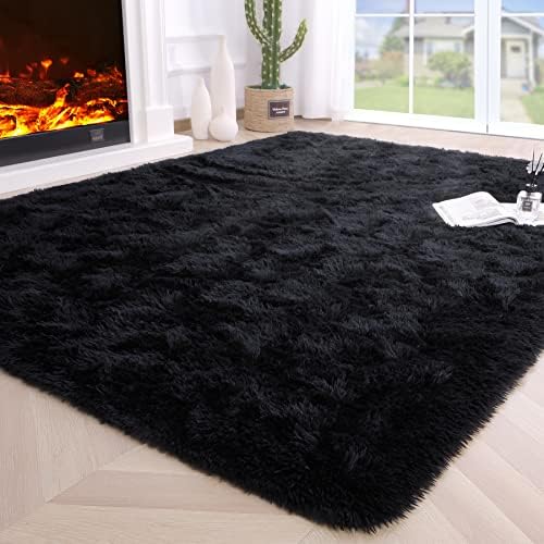 Noahas Fluffy Bedroom Rug Carpet,4×5.3 Feet Shaggy Fuzzy Rugs for Bedroom,Soft Rug for Kids Room,Plush Nursery Rug for Baby,Thick Black Area Rugs for Living Room,Cute Room Decor for Girls Boys